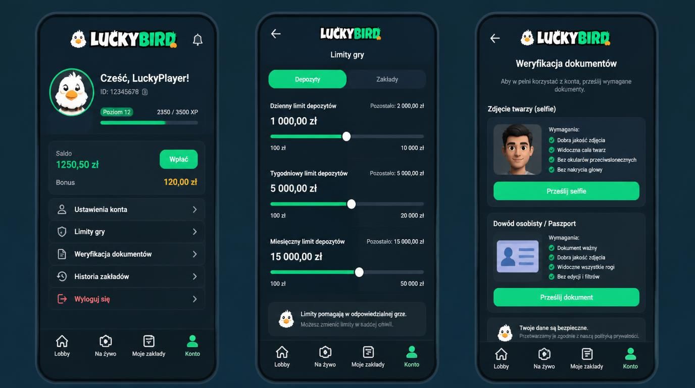 użytkownik zarządza kontem Lucky Bird na smartfonie 