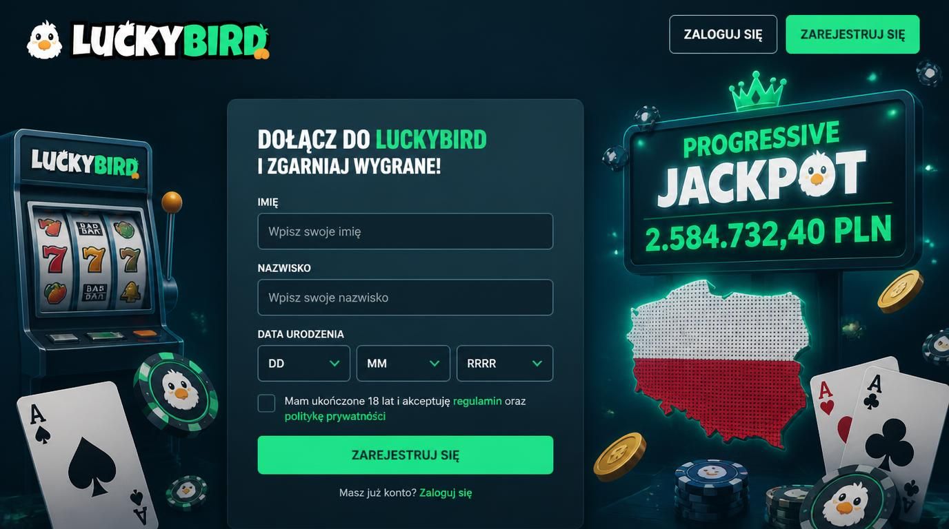 Formularz rejestracji online w Lucky Bird z elementami progressywnego jackpota i polskim lokalnym klimatem