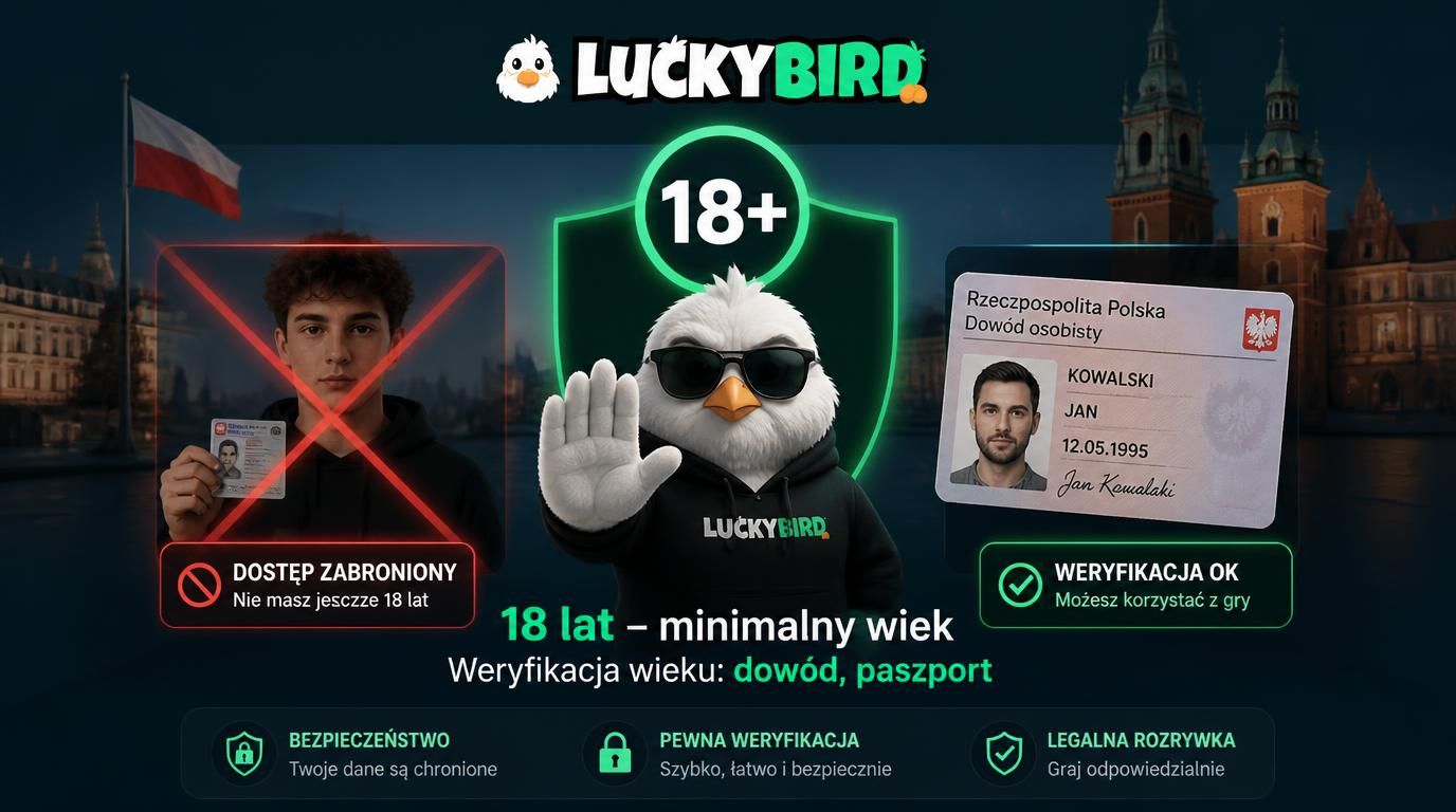 Grafika ilustrująca konieczność ukończenia 18 lat do rejestracji i weryfikację wieku w Lucky Bird Casino