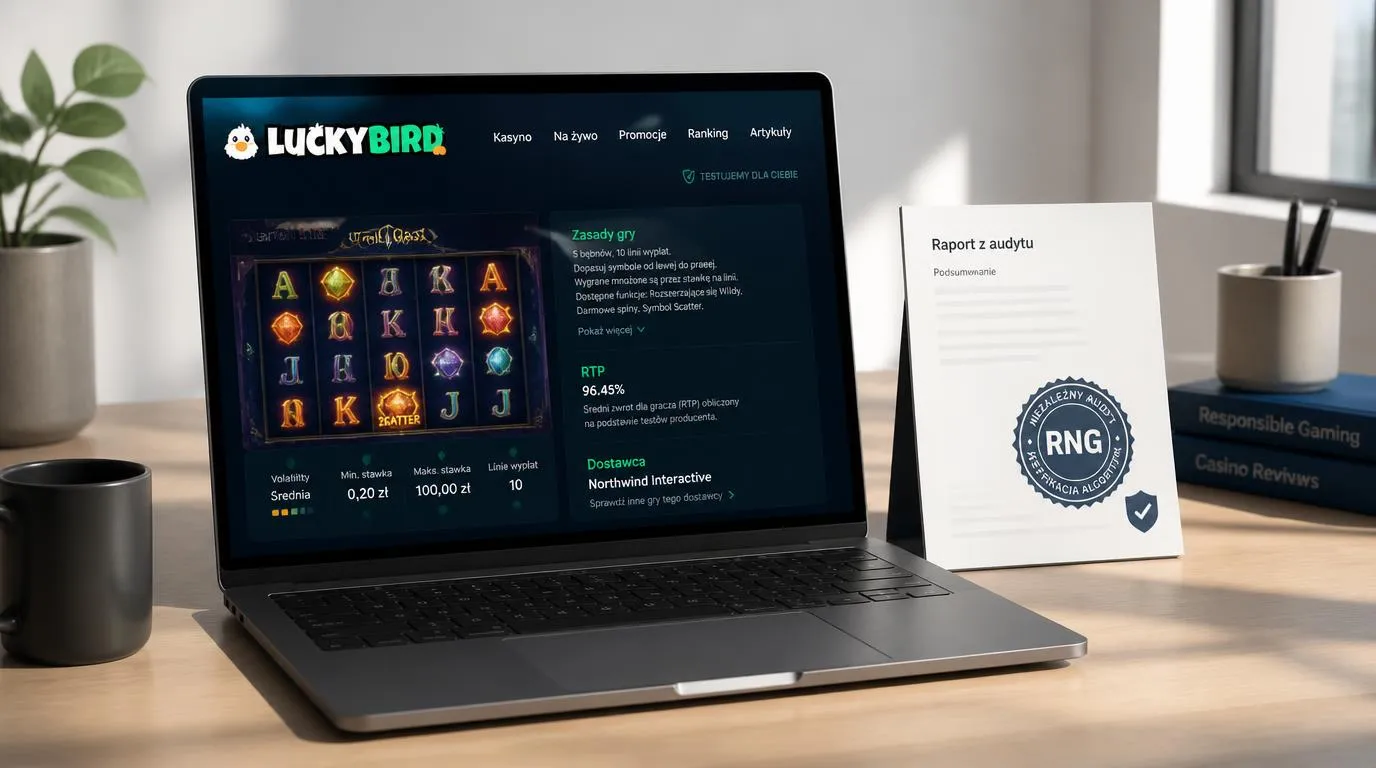 Ekran gry kasynowej z widocznymi zasadami, RTP i informacją o niezależnym audycie RNG