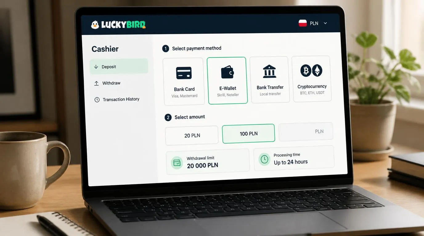 Ekran kasy kasyna z wyborem karty, portfela elektronicznego i kryptowaluty oraz kwotami w PLN